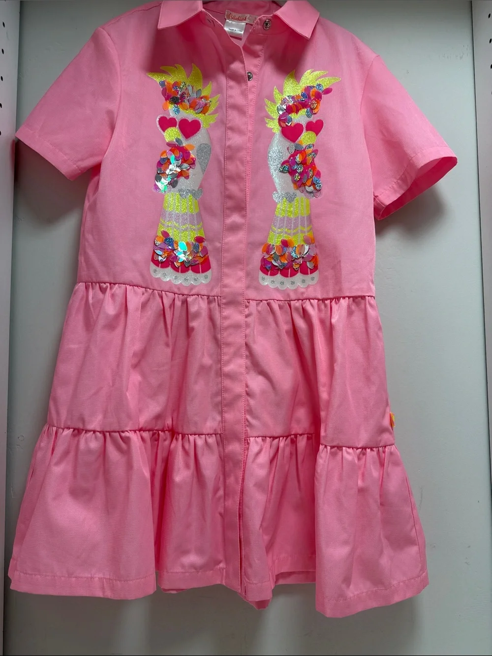 Billieblush Neon Pink Short-Sleeve Tiered Dress w/Sequin Front NWOT sz 8
